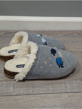 Lands’ End Women's Gray Felt Slippers Counting Sheep Sherpa Lined Comfort Sz 8B